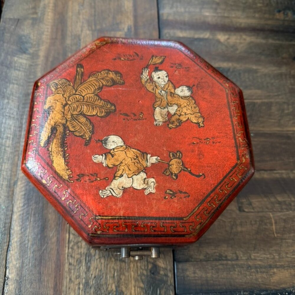 Chinese red lacquer box, antique, hand-painted children, calligraphy interior
